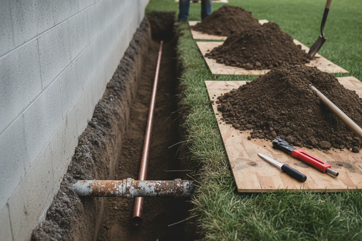 Excavated water line trench during Sewer Line Repair in Lakeview